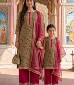 Olive green floral printed cotton salwar suit & kurta set mother daughter matching combo