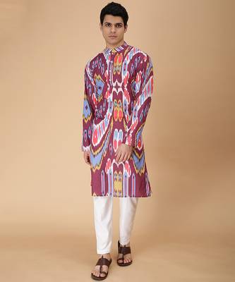 Multicolor merlot ikat & printed cotton kurta & kurta pyjama father son matching combo 2