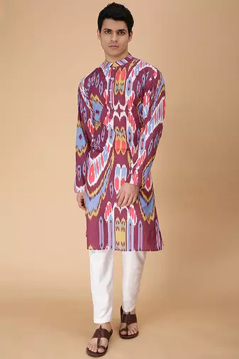 Multicolor merlot ikat & printed cotton kurta & kurta pyjama father son matching combo