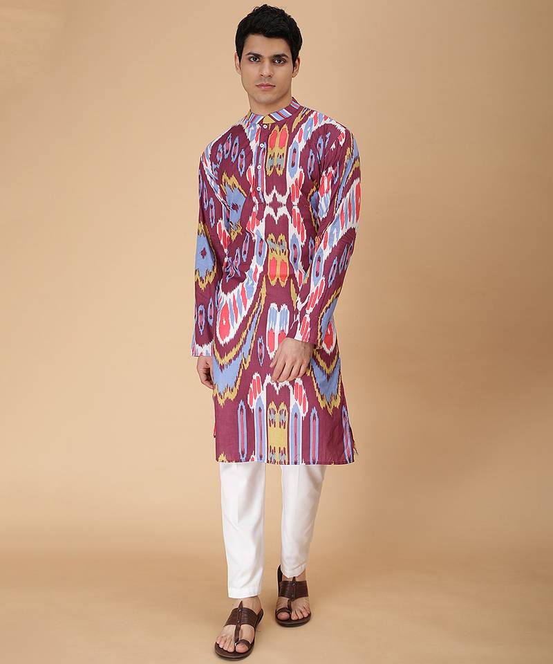 Multicolor merlot ikat & printed cotton kurta & kurta pyjama father son matching combo