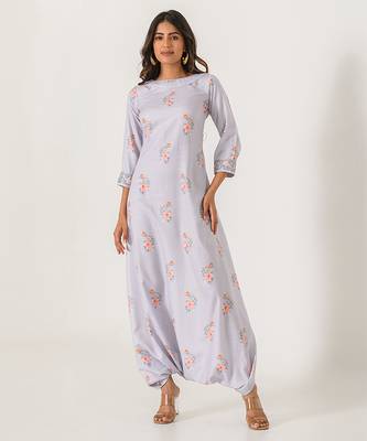 Slate grey abstract & floral printed cotton dhoti jumpsuit mother daughter matching combo 2