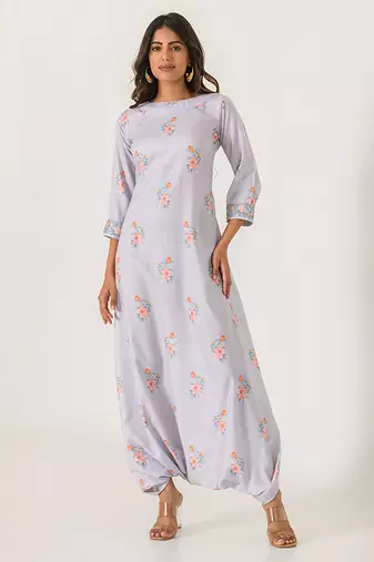 Slate grey abstract & floral printed cotton dhoti jumpsuit mother daughter matching combo
