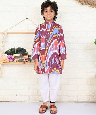 Multicolor merlot ikat & printed cotton kurta & kurta pyjama father son matching combo 3