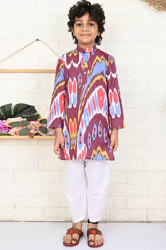 Multicolor merlot ikat & printed cotton kurta & kurta pyjama father son matching combo