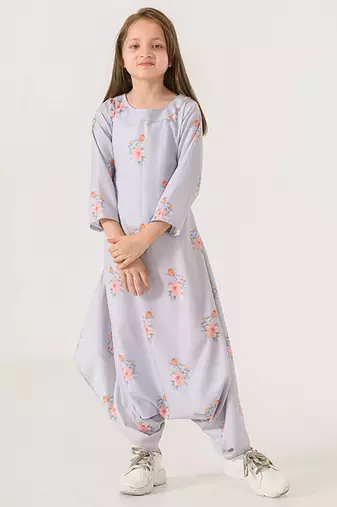 Slate grey abstract & floral printed cotton dhoti jumpsuit mother daughter matching combo