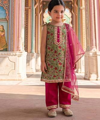 Olive green floral printed cotton salwar suit & kurta set mother daughter matching combo 3