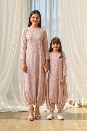 Pink beaded & solid cotton dhoti jumpsuit mother daughter matching combo