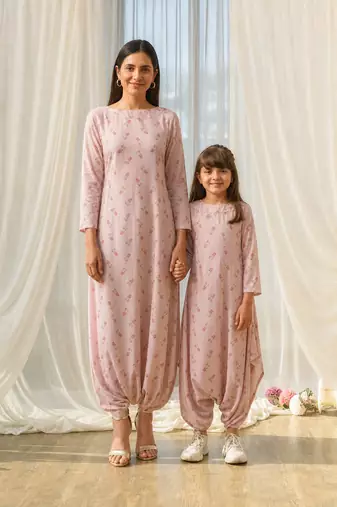 Pink beaded & solid cotton dhoti jumpsuit mother daughter matching combo