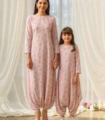 Pink beaded & solid cotton dhoti jumpsuit mother daughter matching combo