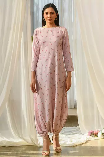 Pink beaded & solid cotton dhoti jumpsuit mother daughter matching combo