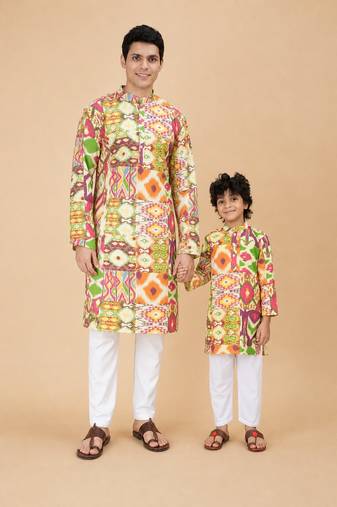Multicolor biome ikat & printed cotton kurta & kurta pyjama father son matching combo