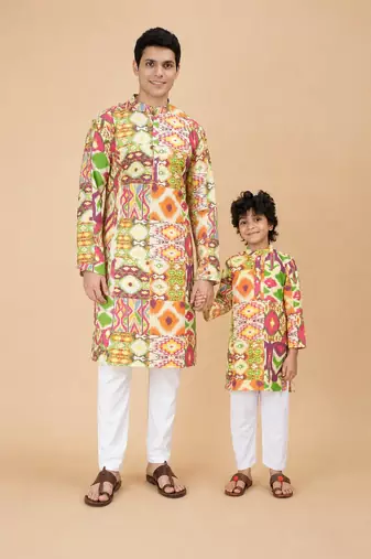 Multicolor biome ikat & printed cotton kurta & kurta pyjama father son matching combo