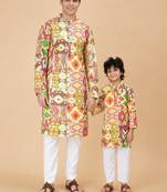 Multicolor biome ikat & printed cotton kurta & kurta pyjama father son matching combo