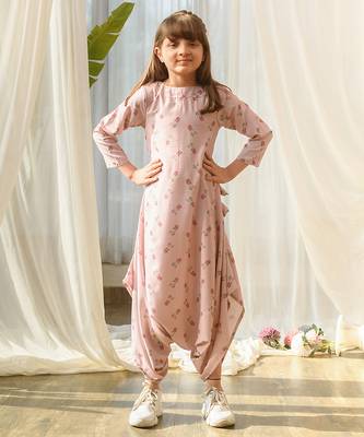 Pink beaded & solid cotton dhoti jumpsuit mother daughter matching combo 3