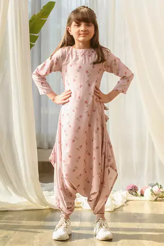 Pink beaded & solid cotton dhoti jumpsuit mother daughter matching combo