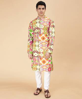 Multicolor biome ikat & printed cotton kurta & kurta pyjama father son matching combo 2
