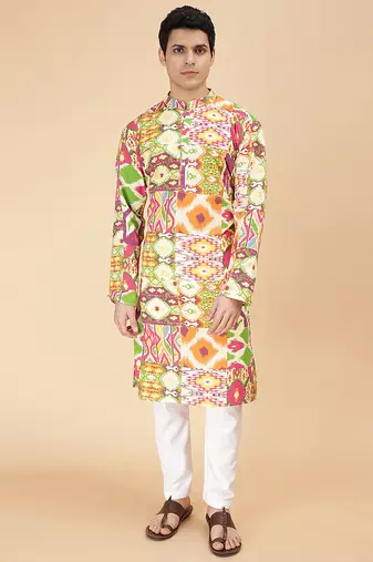 Multicolor biome ikat & printed cotton kurta & kurta pyjama father son matching combo