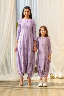 Lilac beaded & solid cotton dhoti jumpsuit mother daughter matching combo 1