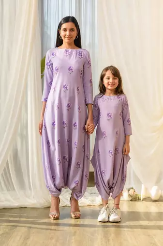 Lilac beaded & solid cotton dhoti jumpsuit mother daughter matching combo