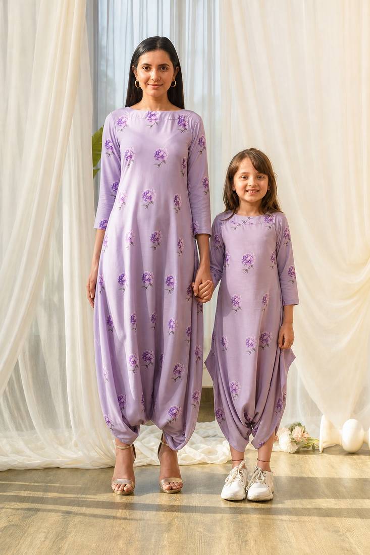 Lilac beaded & solid cotton dhoti jumpsuit mother daughter matching combo