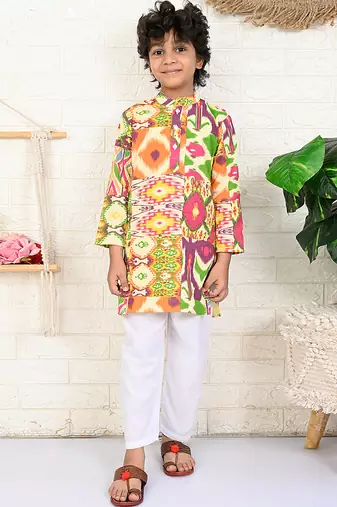 Multicolor biome ikat & printed cotton kurta & kurta pyjama father son matching combo