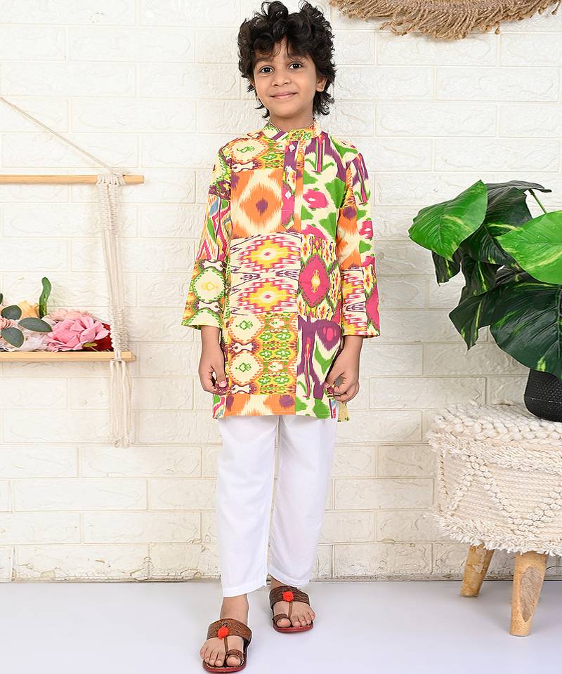 Multicolor biome ikat & printed cotton kurta & kurta pyjama father son matching combo
