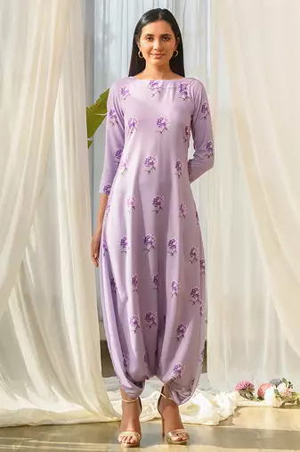 Lilac beaded & solid cotton dhoti jumpsuit mother daughter matching combo