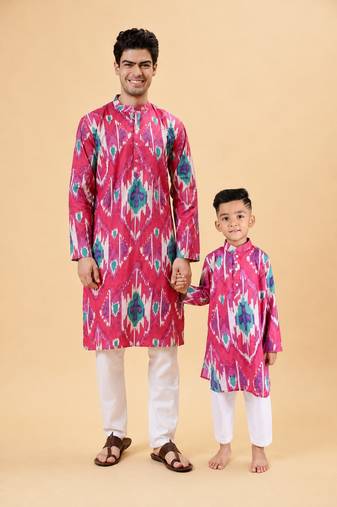 Magenta & pink ikat cotton kurta & kurta pant set father son matching combo