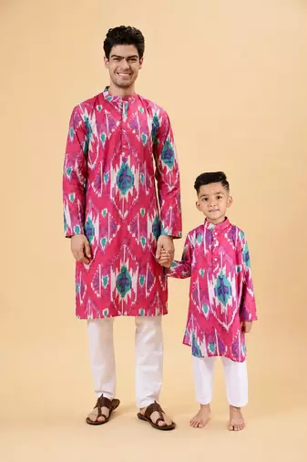 Magenta & pink ikat cotton kurta & kurta pant set father son matching combo