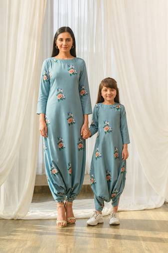 Dusty teal beaded & solid cotton dhoti jumpsuit mother daughter matching combo