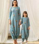 Dusty teal beaded & solid cotton dhoti jumpsuit mother daughter matching combo