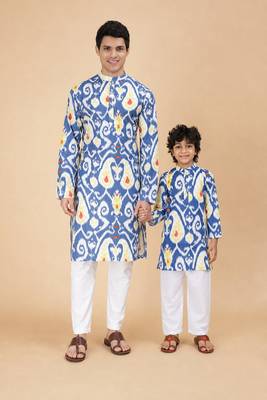 Multicolor island ikat & printed cotton kurta & kurta pyjama father son matching combo 1