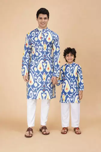 Multicolor island ikat & printed cotton kurta & kurta pyjama father son matching combo