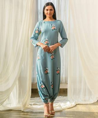 Dusty teal beaded & solid cotton dhoti jumpsuit mother daughter matching combo 2