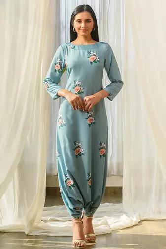 Dusty teal beaded & solid cotton dhoti jumpsuit mother daughter matching combo