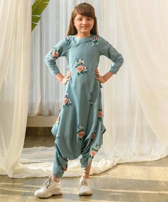 Dusty teal beaded & solid cotton dhoti jumpsuit mother daughter matching combo 3
