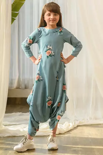 Dusty teal beaded & solid cotton dhoti jumpsuit mother daughter matching combo