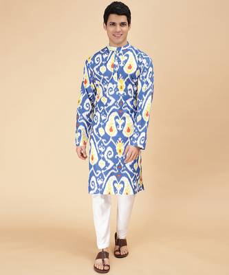 Multicolor island ikat & printed cotton kurta & kurta pyjama father son matching combo 2