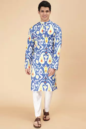 Multicolor island ikat & printed cotton kurta & kurta pyjama father son matching combo