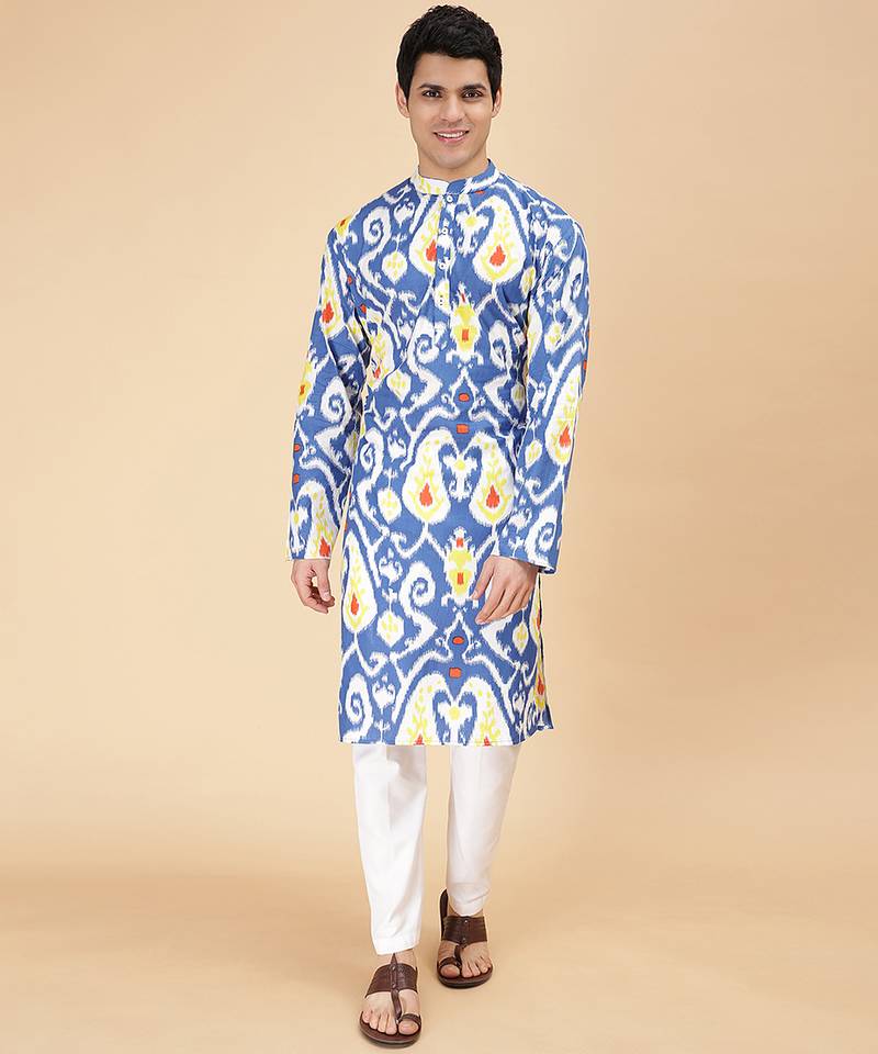 Multicolor island ikat & printed cotton kurta & kurta pyjama father son matching combo