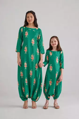 Green & jade green floral printed rayon jumpsuit & dhoti jumpsuit mother daughter matching combo