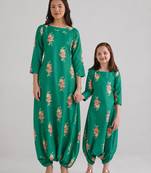Green & jade green floral printed rayon jumpsuit & dhoti jumpsuit mother daughter matching combo
