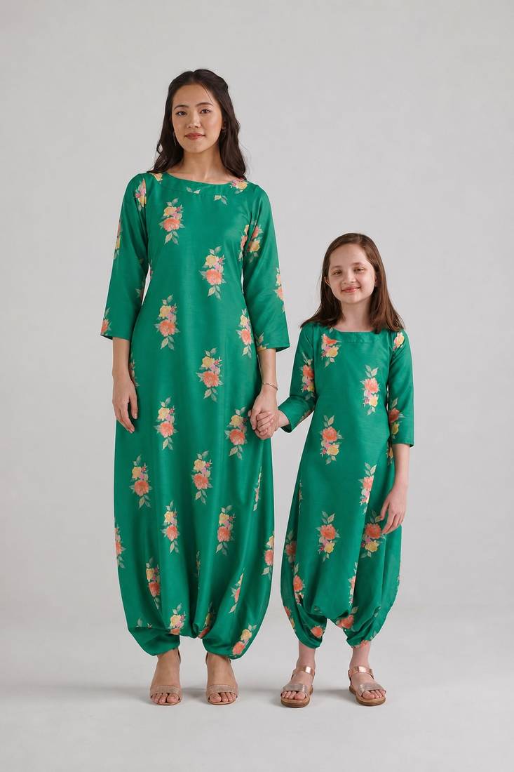 Green & jade green floral printed rayon jumpsuit & dhoti jumpsuit mother daughter matching combo