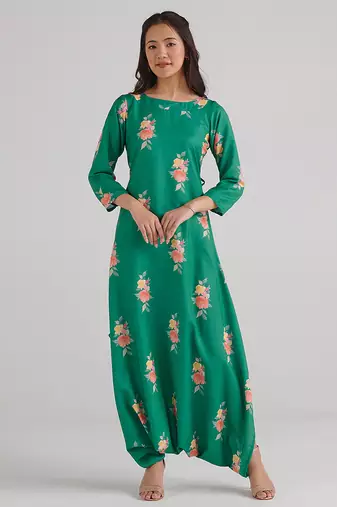 Green & jade green floral printed rayon jumpsuit & dhoti jumpsuit mother daughter matching combo