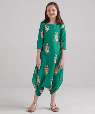 Green & jade green floral printed rayon jumpsuit & dhoti jumpsuit mother daughter matching combo 3