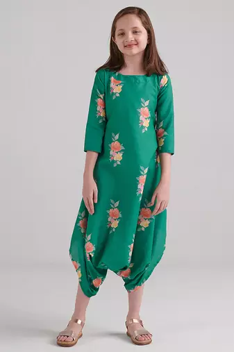 Green & jade green floral printed rayon jumpsuit & dhoti jumpsuit mother daughter matching combo