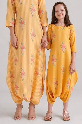 Yellow & amber yellow floral printed rayon jumpsuit & dhoti jumpsuit mother daughter matching combo