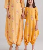 Yellow & amber yellow floral printed rayon jumpsuit & dhoti jumpsuit mother daughter matching combo