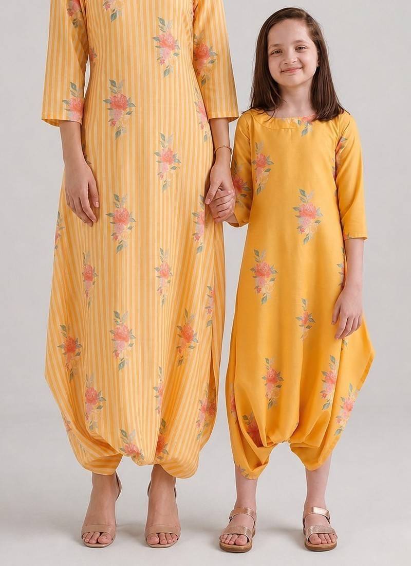Yellow & amber yellow floral printed rayon jumpsuit & dhoti jumpsuit mother daughter matching combo