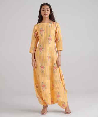 Yellow & amber yellow floral printed rayon jumpsuit & dhoti jumpsuit mother daughter matching combo 2